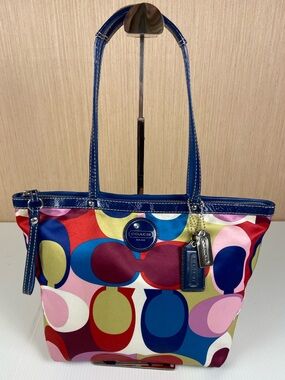 Coach Op Art Satin Tote Multicolor Blue Pink Patent Leather F15183 Y2K